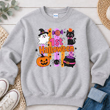 Load image into Gallery viewer, 1st Halloween Black Cat Halloween design on Ash Grey crewneck sweatshirt
