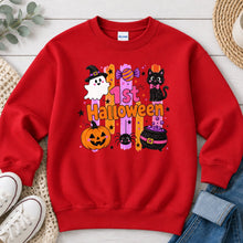 Load image into Gallery viewer, 1st Halloween Black Cat Halloween design on Red crewneck sweatshirt