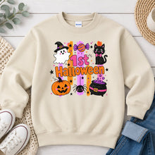 Load image into Gallery viewer, 1st Halloween Black Cat Halloween design on Sand crewneck sweatshirt