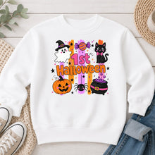 Load image into Gallery viewer, 1st Halloween Black Cat Halloween design on White crewneck sweatshirt
