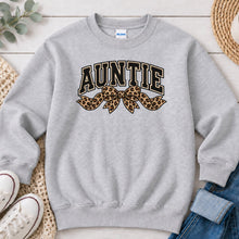 Load image into Gallery viewer, Auntie Leopard Bow Mom & Family design on Ash Grey crewneck sweatshirt