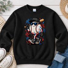 Load image into Gallery viewer, Baseball Character With Bat Sports design on Black crewneck sweatshirt