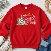 Load image into Gallery viewer, Be The Church When Service Is Over Faith design on Red crewneck sweatshirt