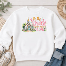 Load image into Gallery viewer, Be The Church When Service Is Over Faith design on White crewneck sweatshirt