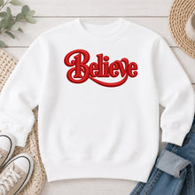Load image into Gallery viewer, Believe Red Christmas design on White crewneck sweatshirt