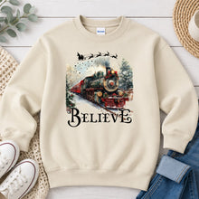Load image into Gallery viewer, Believe Train Christmas design on Sand crewneck sweatshirt