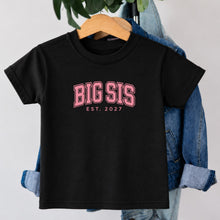 Load image into Gallery viewer, Big Sis Varsity Est 2027 design on black kids t-shirt