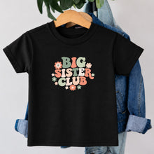 Load image into Gallery viewer, Big Sister Big Sister Club Retro Floral design on black kids t-shirt