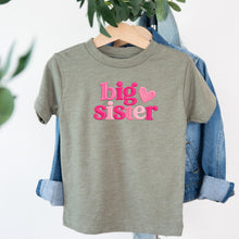 Load image into Gallery viewer, Big Sister Hot Pink Heart design on sage kids t-shirt