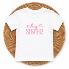 Load image into Gallery viewer, Big Sister Light Pink Heart Script design on white kids t-shirt