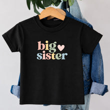 Load image into Gallery viewer, Big Sister Pastel Rainbow Heart design on black kids t-shirt