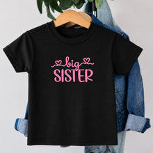Load image into Gallery viewer, Big Sister Pink Heart Script design on black kids t-shirt