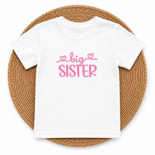 Load image into Gallery viewer, Big Sister Pink Heart Script design on white kids t-shirt