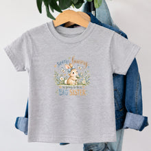 Load image into Gallery viewer, Big Sister Some Bunny Blue design on heather grey kids t-shirt