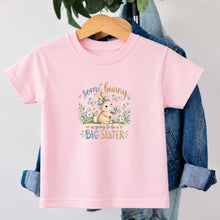 Load image into Gallery viewer, Big Sister Some Bunny Blue design on pink kids t-shirt