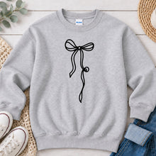 Load image into Gallery viewer, Black Coquette Bow Graphic design on Ash Grey crewneck sweatshirt
