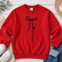 Load image into Gallery viewer, Black Coquette Bow Graphic design on Red crewneck sweatshirt