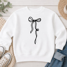 Load image into Gallery viewer, Black Coquette Bow Graphic design on White crewneck sweatshirt