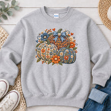 Load image into Gallery viewer, Blue Floral Embroidered Pumpkins Fall design on Ash Grey crewneck sweatshirt