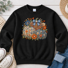 Load image into Gallery viewer, Blue Floral Embroidered Pumpkins Fall design on Black crewneck sweatshirt