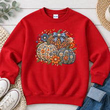 Load image into Gallery viewer, Blue Floral Embroidered Pumpkins Fall design on Red crewneck sweatshirt