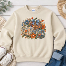 Load image into Gallery viewer, Blue Floral Embroidered Pumpkins Fall design on Sand crewneck sweatshirt