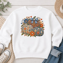 Load image into Gallery viewer, Blue Floral Embroidered Pumpkins Fall design on White crewneck sweatshirt