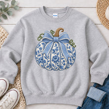 Load image into Gallery viewer, Blue Floral Pumpkin Fall design on Ash Grey crewneck sweatshirt