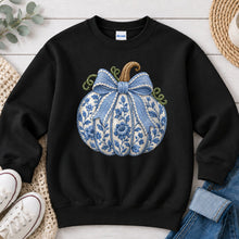 Load image into Gallery viewer, Blue Floral Pumpkin Fall design on Black crewneck sweatshirt