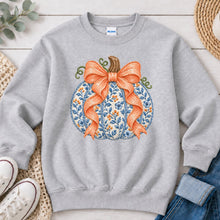 Load image into Gallery viewer, Blue Floral Pumpkin Peach Bow Fall design on Ash Grey crewneck sweatshirt