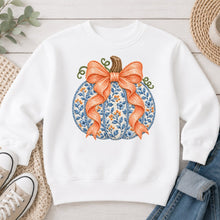 Load image into Gallery viewer, Blue Floral Pumpkin Peach Bow Fall design on White crewneck sweatshirt