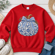 Load image into Gallery viewer, Blue Floral Pumpkin Fall design on Red crewneck sweatshirt