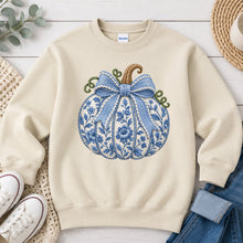 Load image into Gallery viewer, Blue Floral Pumpkin Fall design on Sand crewneck sweatshirt