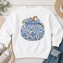 Load image into Gallery viewer, Blue Floral Pumpkin Fall design on White crewneck sweatshirt