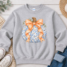 Load image into Gallery viewer, Blue Toile Pumpkin Peach Bow Light Fall design on Ash Grey crewneck sweatshirt