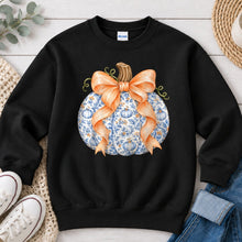 Load image into Gallery viewer, Blue Toile Pumpkin Peach Bow Light Fall design on Black crewneck sweatshirt