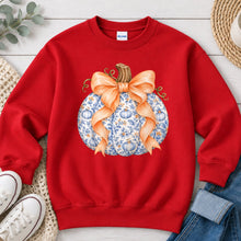 Load image into Gallery viewer, Blue Toile Pumpkin Peach Bow Light Fall design on Red crewneck sweatshirt