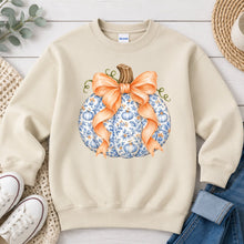 Load image into Gallery viewer, Blue Toile Pumpkin Peach Bow Light Fall design on Sand crewneck sweatshirt