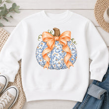 Load image into Gallery viewer, Blue Toile Pumpkin Peach Bow Light Fall design on White crewneck sweatshirt