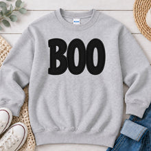 Load image into Gallery viewer, Boo Black Embroidered Halloween design on Ash Grey crewneck sweatshirt