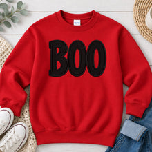 Load image into Gallery viewer, Boo Black Embroidered Halloween design on Red crewneck sweatshirt