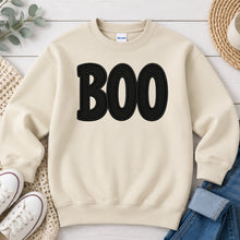 Load image into Gallery viewer, Boo Black Embroidered Halloween design on Sand crewneck sweatshirt