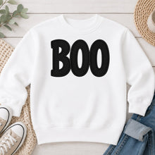 Load image into Gallery viewer, Boo Black Embroidered Halloween design on White crewneck sweatshirt