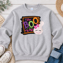 Load image into Gallery viewer, Boo Crew Bunny Ghost Halloween design on Ash Grey crewneck sweatshirt