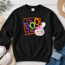 Load image into Gallery viewer, Boo Crew Bunny Ghost Halloween design on Black crewneck sweatshirt