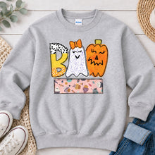 Load image into Gallery viewer, Boo Ghost Pumpkin Cupcake Name Banner Halloween design on Ash Grey crewneck sweatshirt