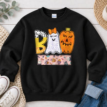 Load image into Gallery viewer, Boo Ghost Pumpkin Cupcake Name Banner Halloween design on Black crewneck sweatshirt