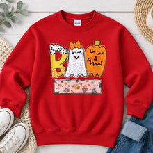 Load image into Gallery viewer, Boo Ghost Pumpkin Cupcake Name Banner Halloween design on Red crewneck sweatshirt