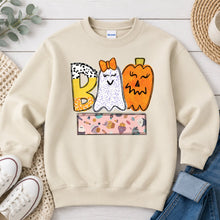 Load image into Gallery viewer, Boo Ghost Pumpkin Cupcake Name Banner Halloween design on Sand crewneck sweatshirt