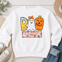 Load image into Gallery viewer, Boo Ghost Pumpkin Cupcake Name Banner Halloween design on White crewneck sweatshirt